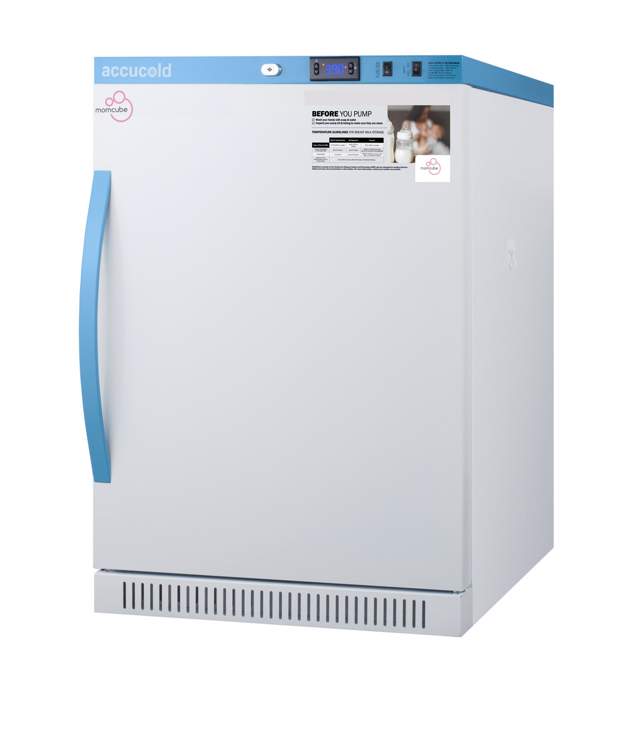 Purpose-built ADA height all-refrigerator for breast milk storage with 4 adjustable shelves, antimicrobial silver-ion handle, and hospital grade cord with 'green dot' plug